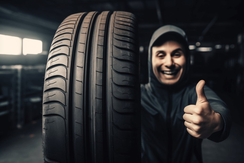 Create an image featuring a tire with a thumbs down symbol