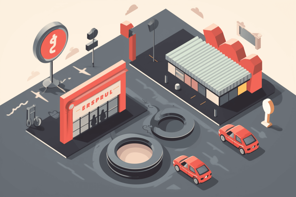 Design an image featuring a tire dealership with location 807b7fdc 6bc6 4e5b a96b 8bad210bb721