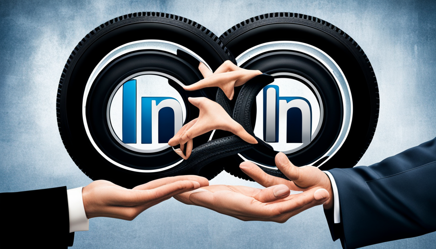 Nds exchanging a business card, featuring a tire tread symbol, against the background of a screen displaying the linkedin logo