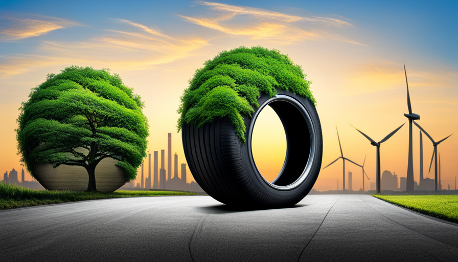 An image featuring a green, leafy tree growing within a tire, with a background of tire manufacturing factories utilizing solar panels and wind turbines