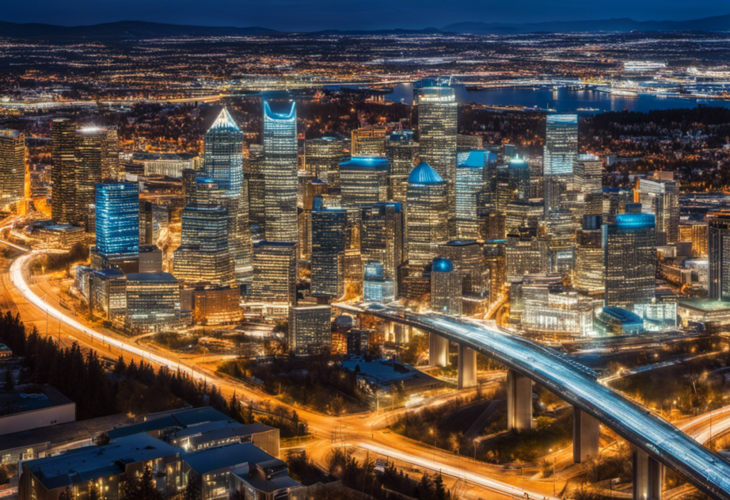 Ing calgary cityscape under a magnifying glass with highlighted businesses, encircled by symbols of search engine optimization like gears, magnifying glasses, and upward-pointing arrows