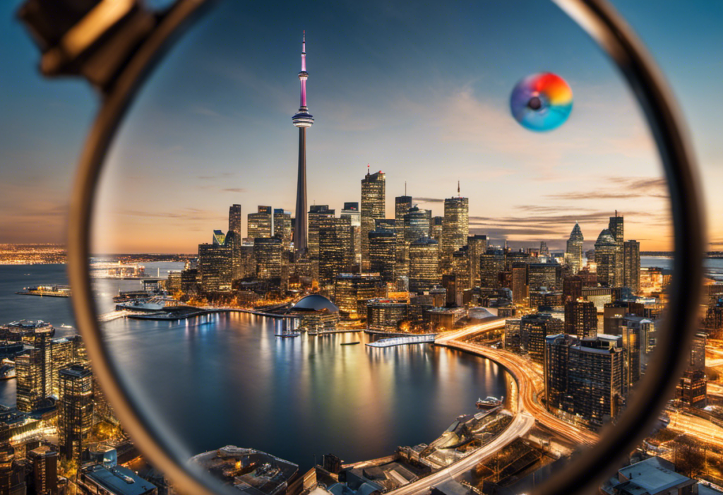 Ze a magnifying glass over toronto skyline, with various seo-related symbols like gears, target and growth charts floating around, indicating vigilance and effectiveness in boosting online presence