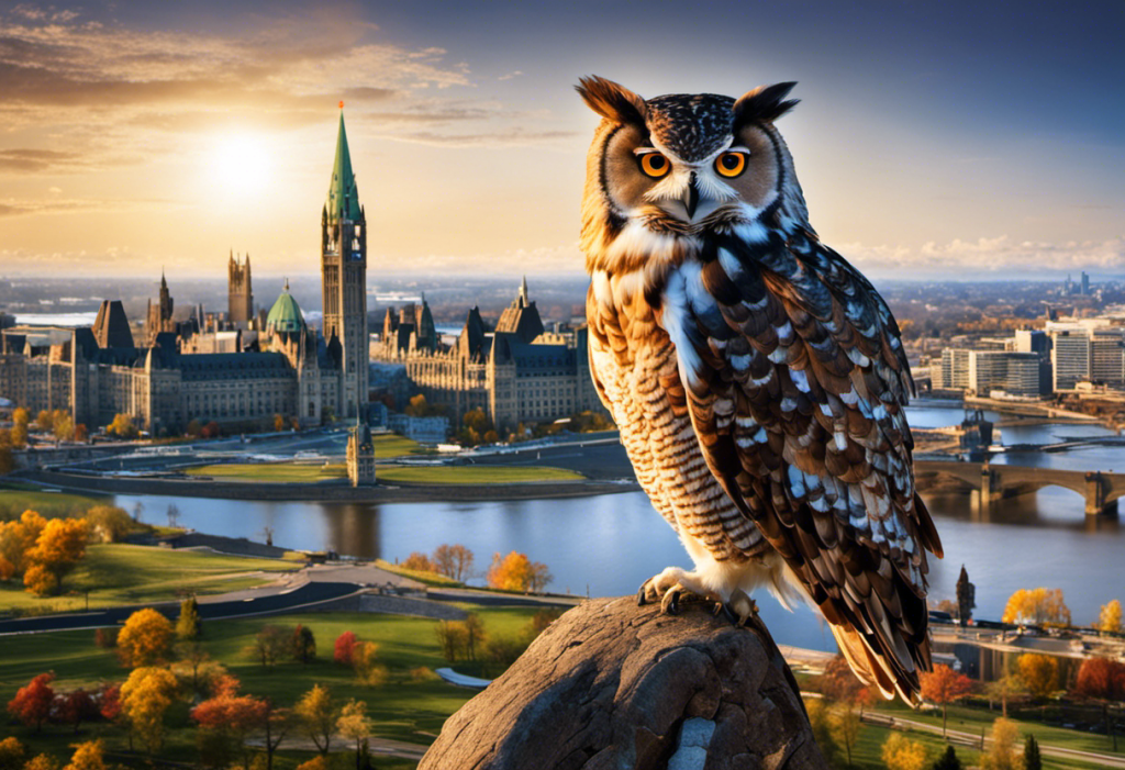 Rgetic, watchful owl perched on parliament hill, scanning ottawa's skyline filled with various business buildings, with a magnifying glass highlighting a digital seo gear symbol