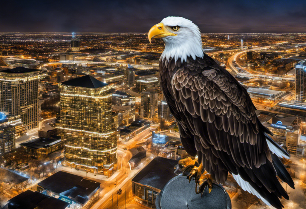 Vigilant eagle perched on a magnifying glass hovering over mississauga's map, spotlighting small, glowing businesses