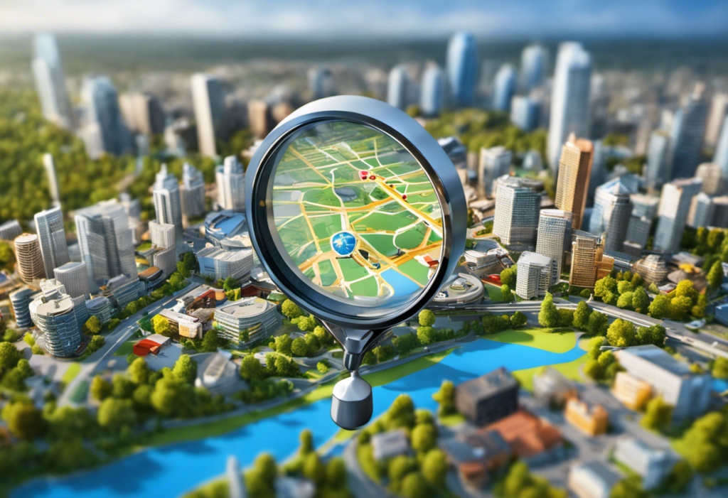Ize a magnifying glass hovering over a 3d map of surrey, bc, with highlighted local businesses and pulsating seo related icons like gears, targets, and arrows