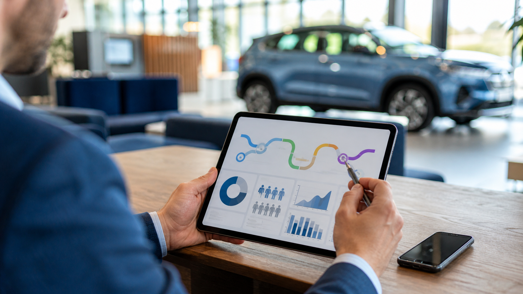 Dealership marketing specialist reviewing audience analytics on a tablet