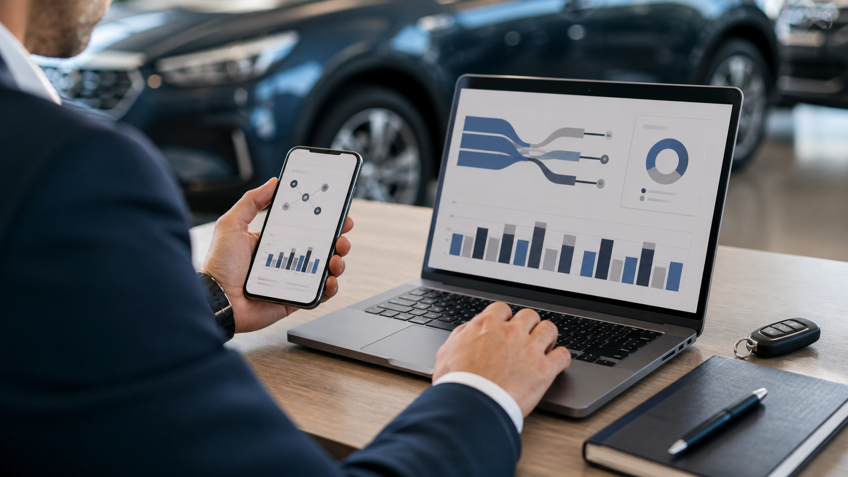 Dealership marketing professional reviewing lead attribution data