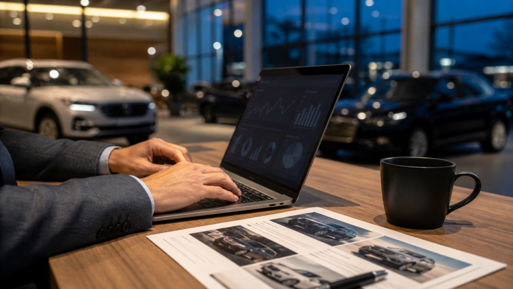 Automotive marketing specialist reviewing dealership search performance on a laptop