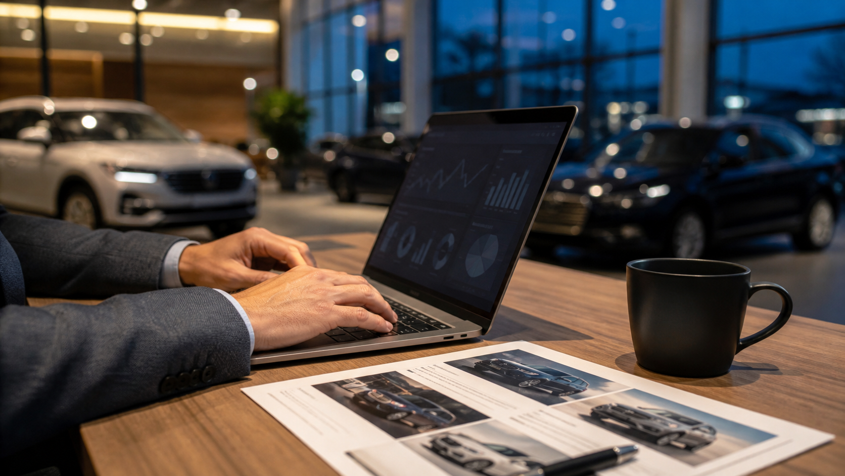 Automotive marketing specialist reviewing dealership search performance on a laptop