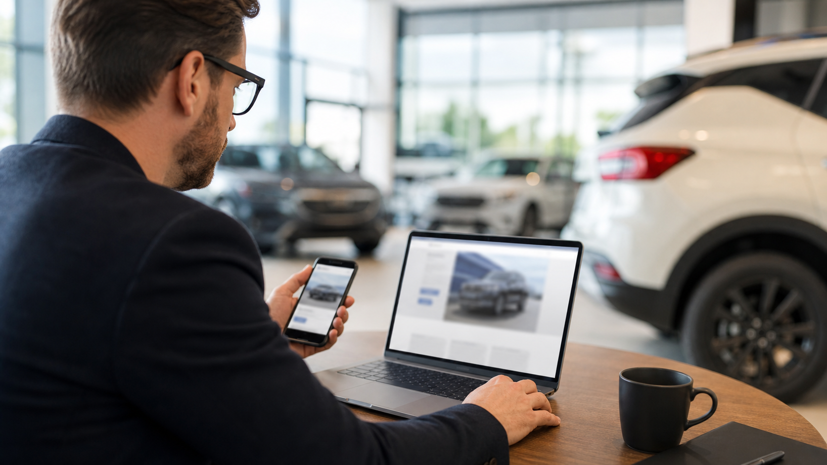 Dealership strategist reviewing vehicle page call-to-action options on a laptop and smartphone