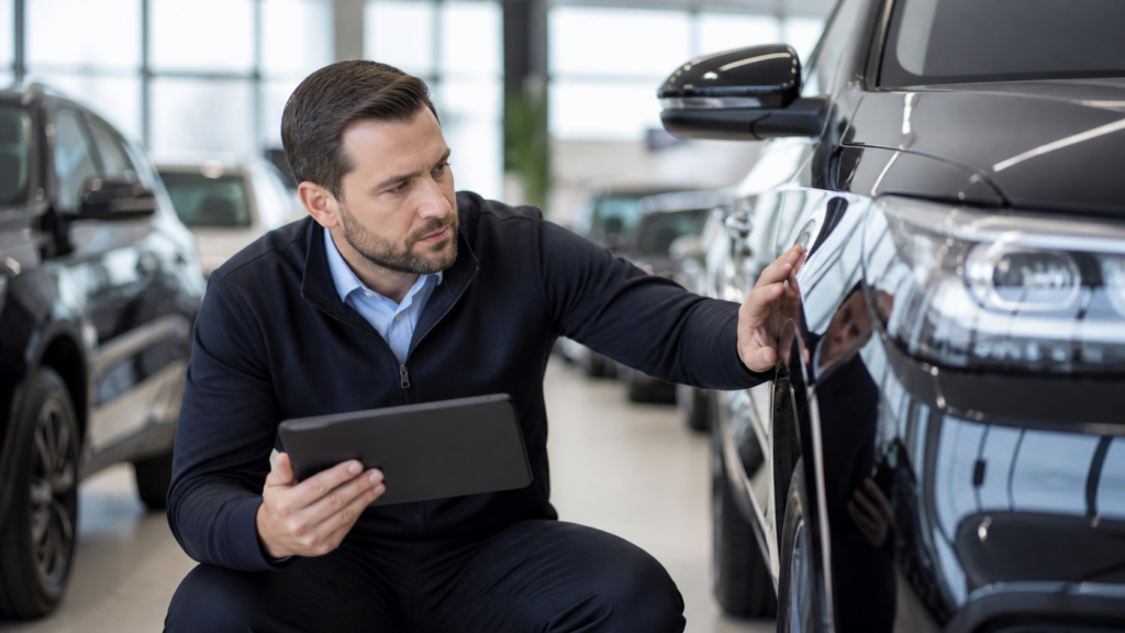 Dealership inventory manager inspecting a vehicle with a tablet