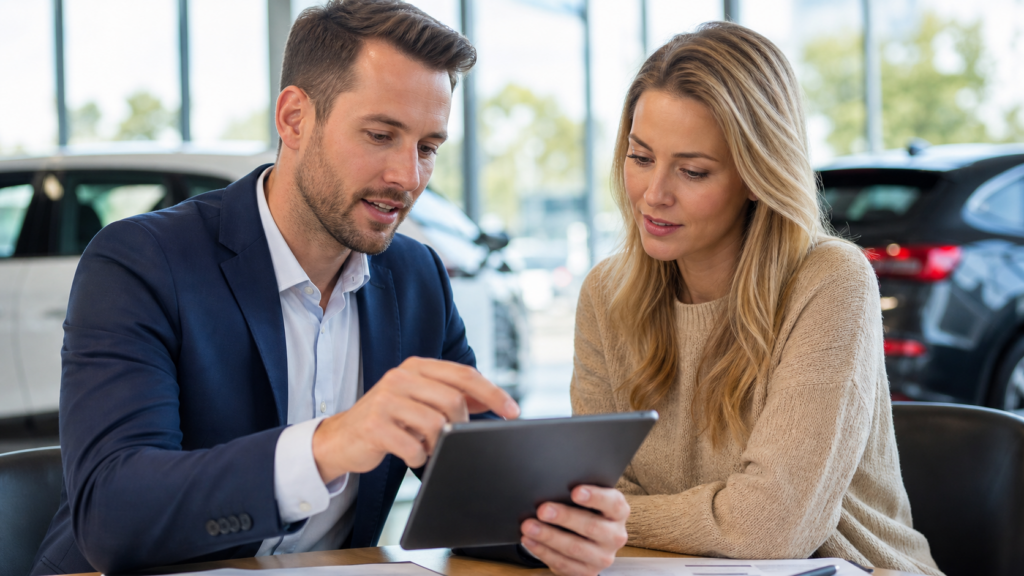 Sales advisor helping a customer navigate a dealership website on a tablet