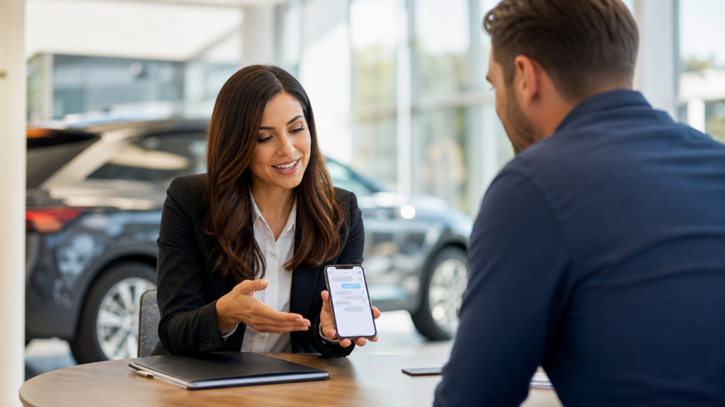Dealership advisor showing a customer a chat conversation on a smartphone