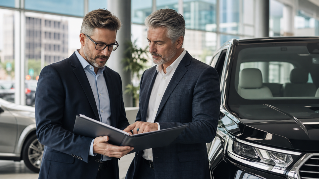 Dealership group executives reviewing a multi-location planning folder beside a vehicle
