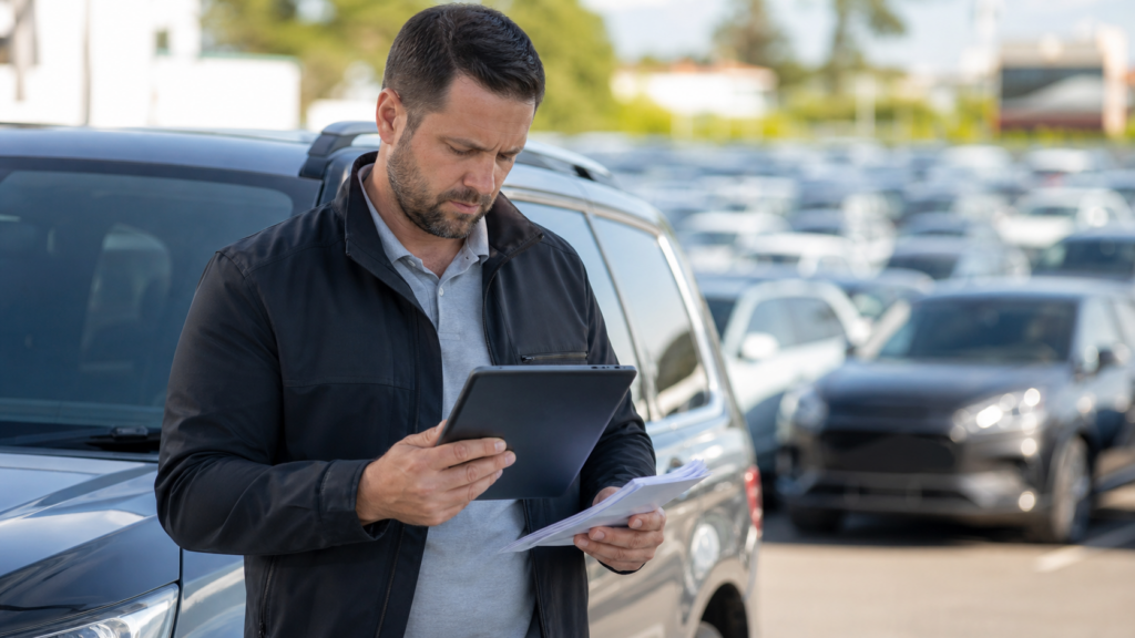 Dealership inventory manager reviewing vehicle availability on a tablet