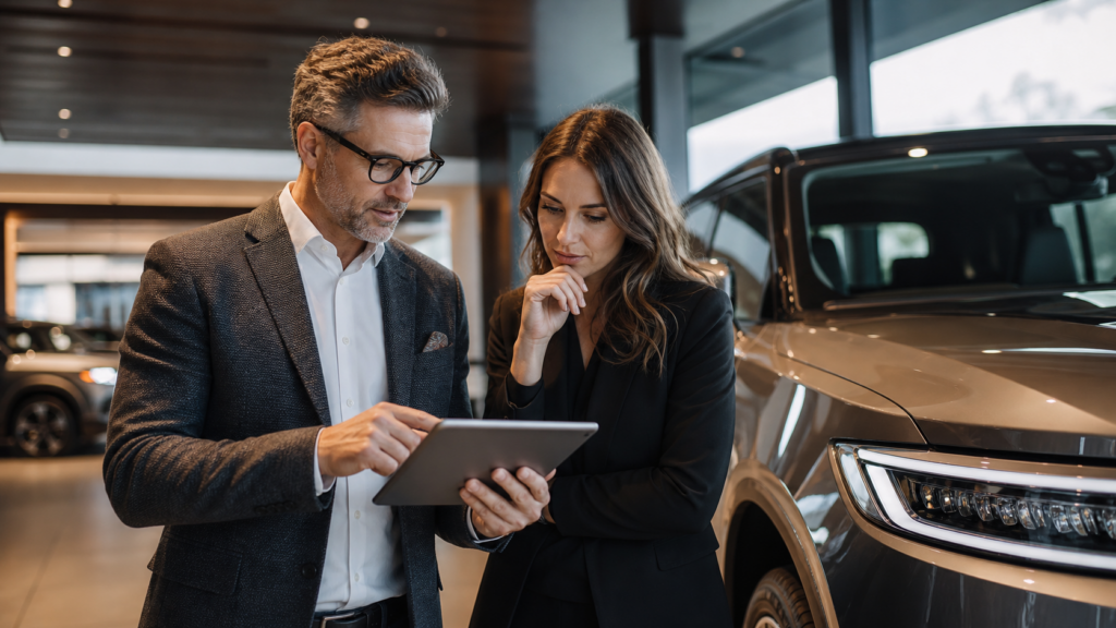 Dealership brand director and web designer reviewing vehicle presentation