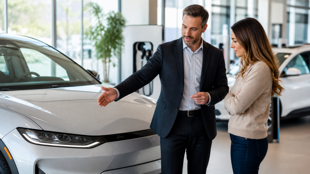 Electric vehicle specialist introducing a customer to an ev in a dealership