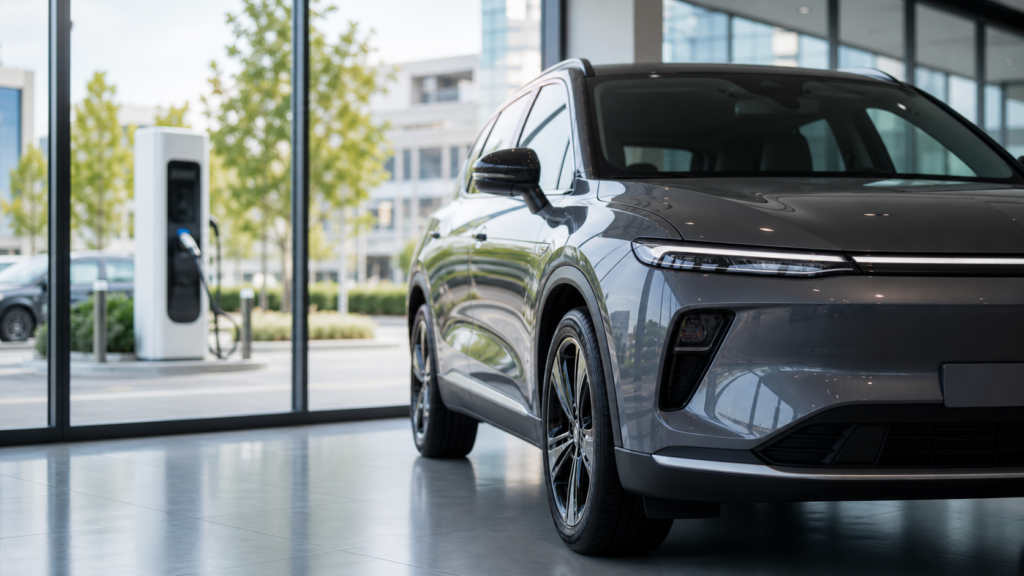 Electric suv beside a charging station in a modern dealership showroom