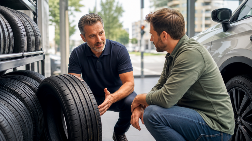 Tire specialist advising a local customer beside tire displays