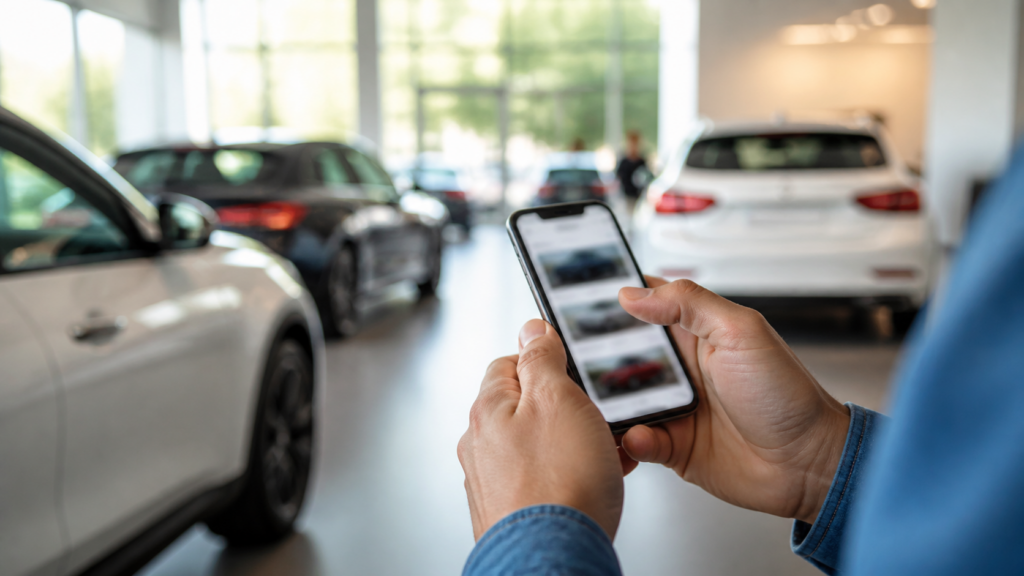 Car shopper browsing vehicle options on a smartphone in a dealership showroom