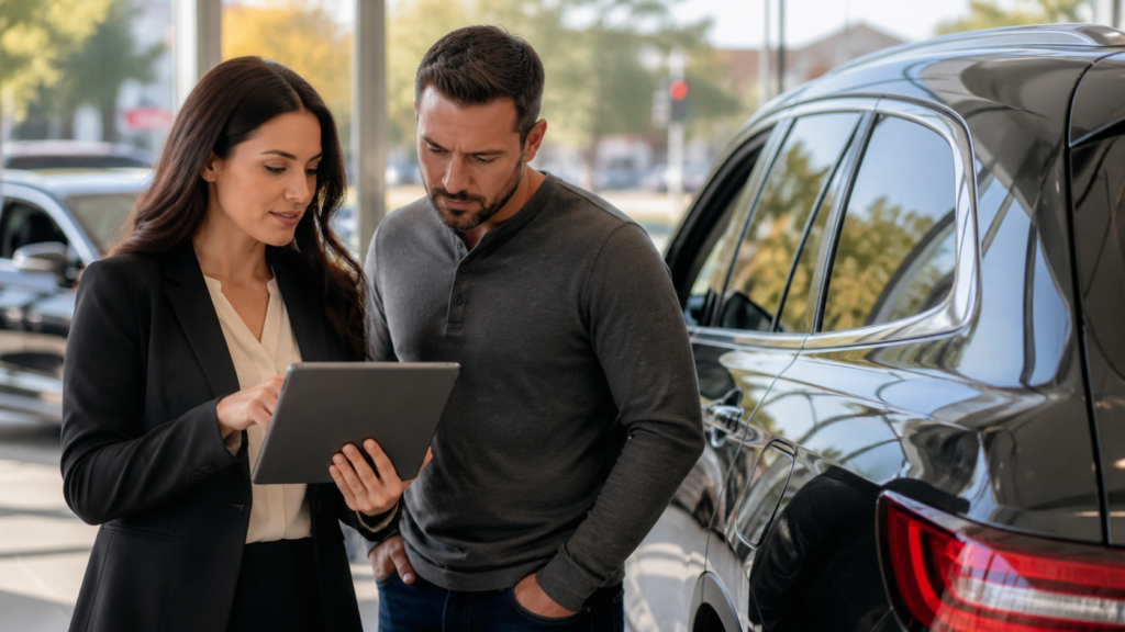 Dealership marketing advisor helping a serious customer compare vehicle options