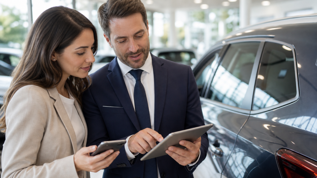 Sales advisor and customer comparing a dealership site on a phone and tablet