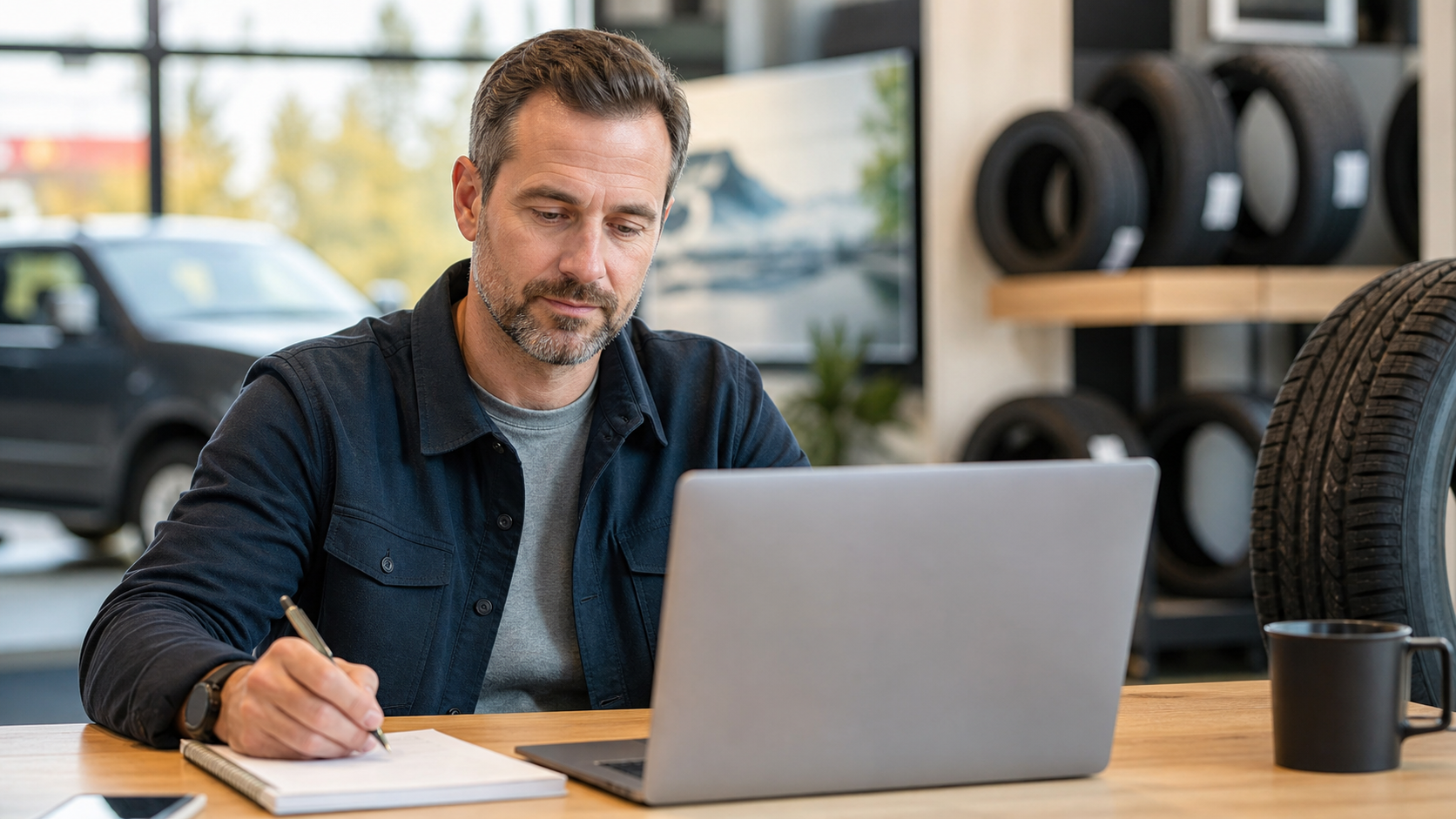 Tire dealership strategist planning content on a laptop beside a tire display