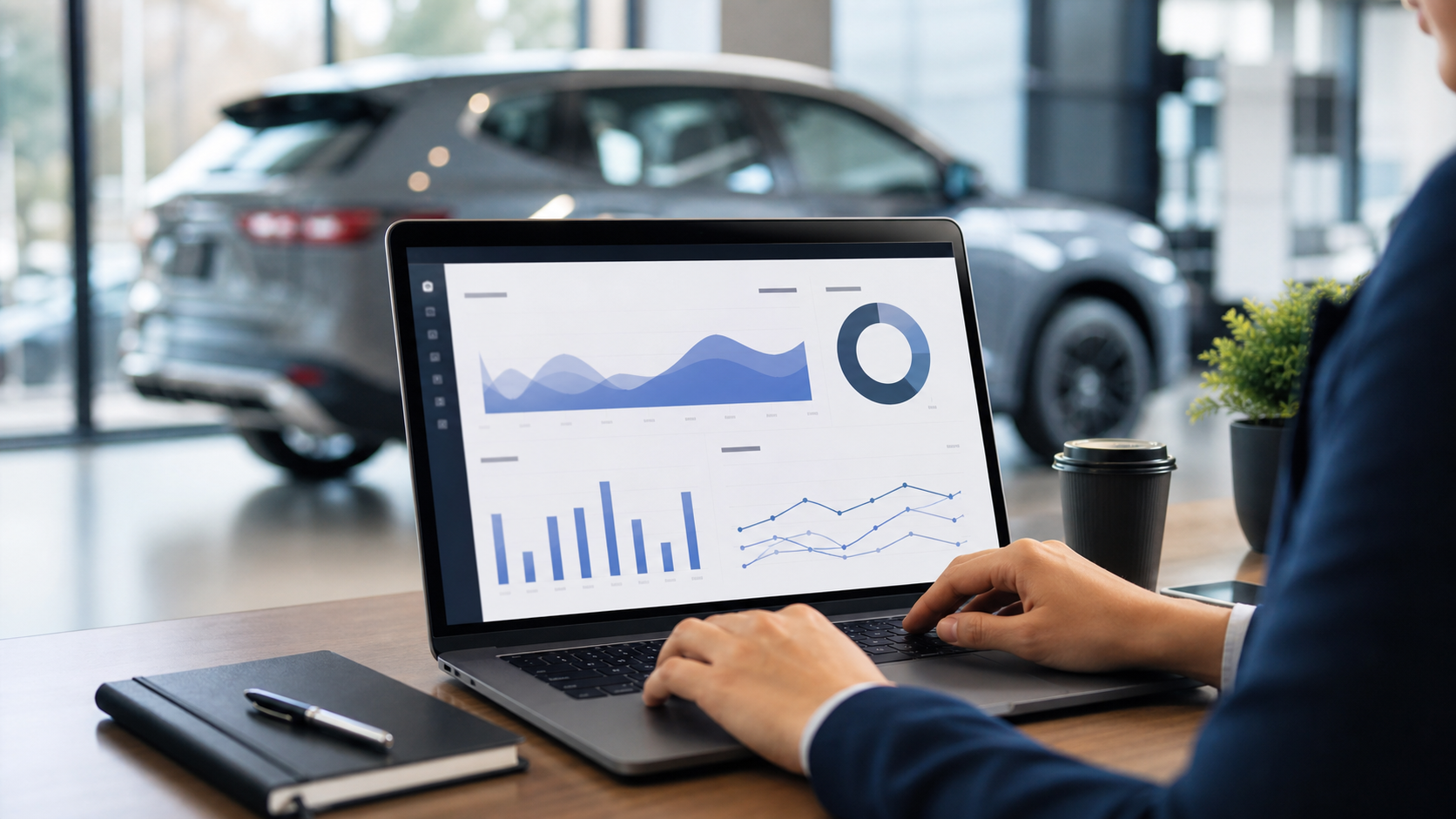 Dealer marketing analyst reviewing website performance data on a laptop
