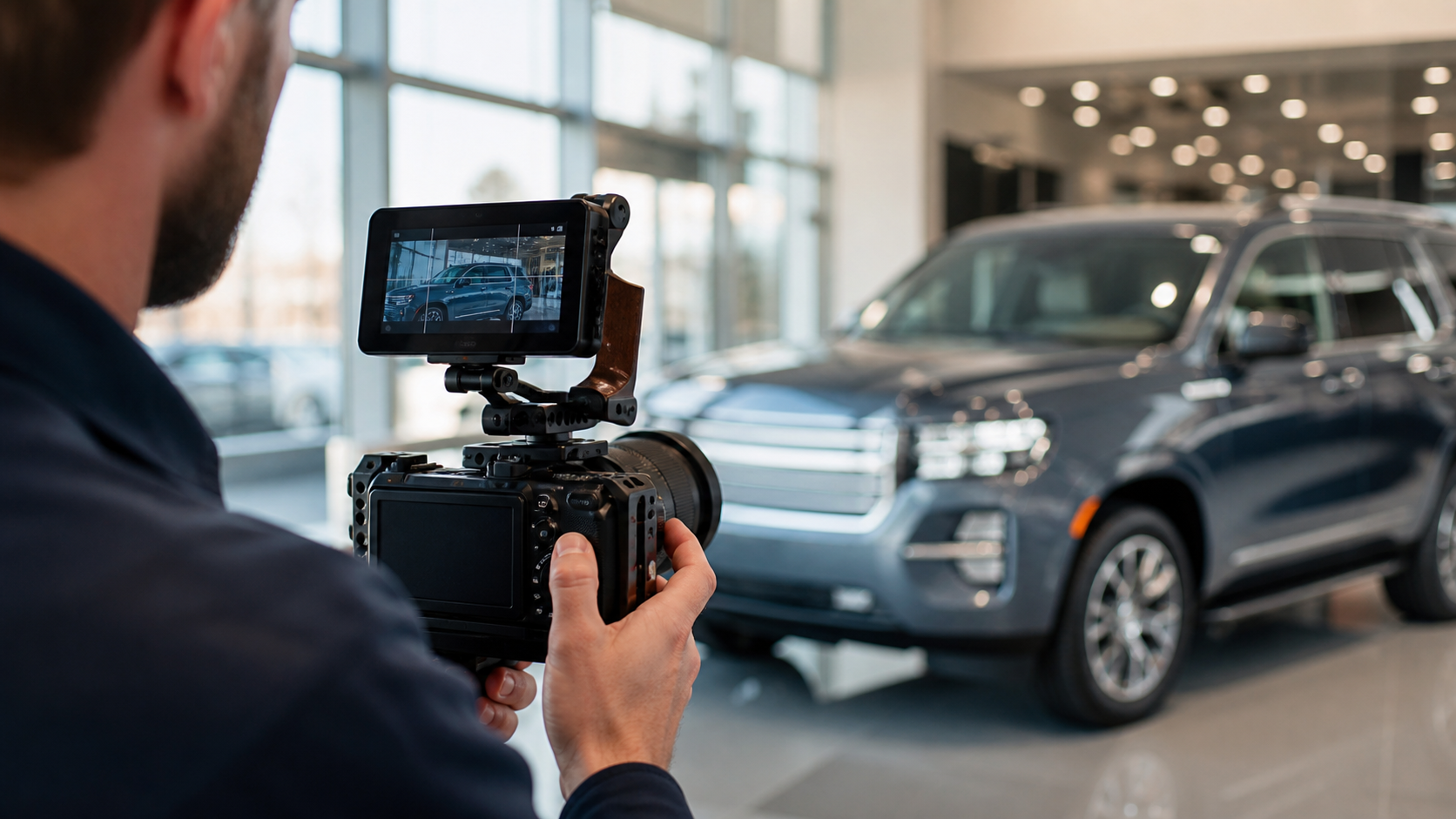 Dealer video producer filming a vehicle walkaround in a showroom