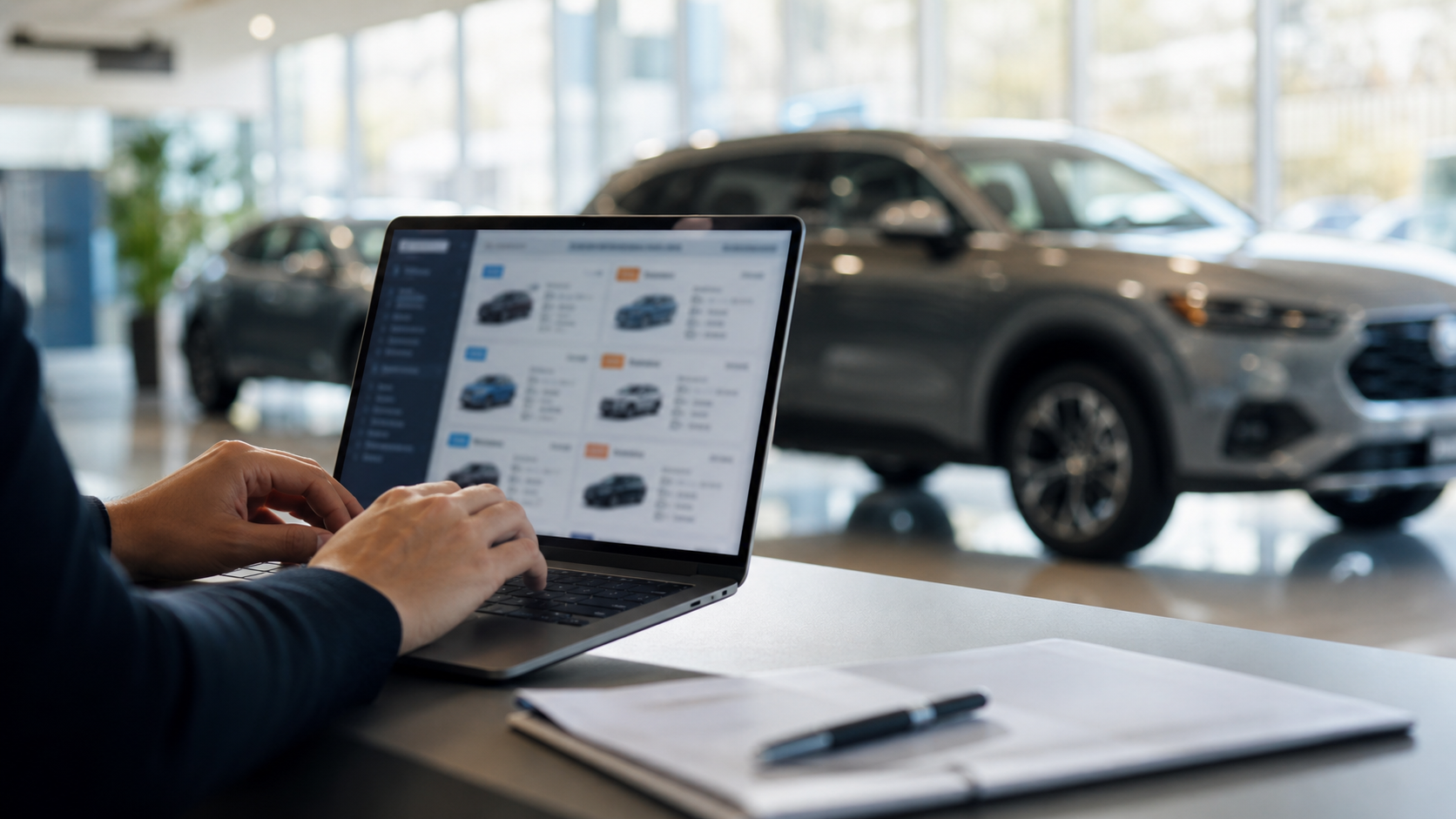 Dealership specialist reviewing vehicle inventory data on a laptop
