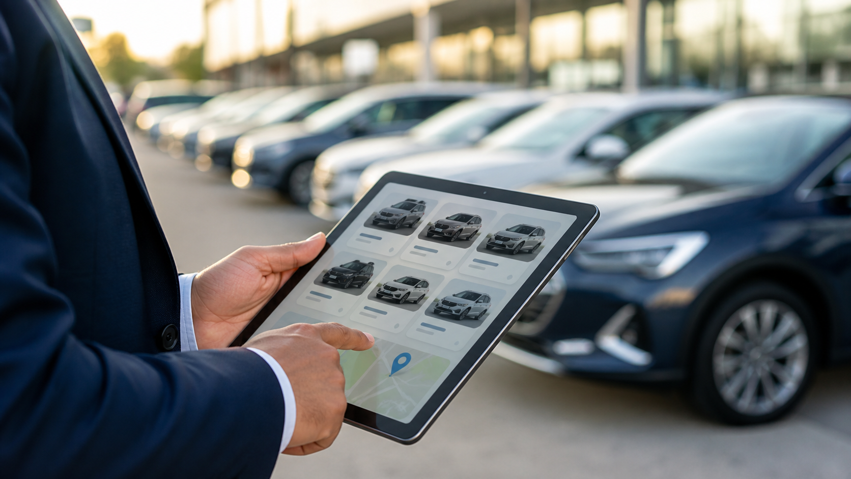 Dealer consultant reviewing vehicle listings at a dealership lot