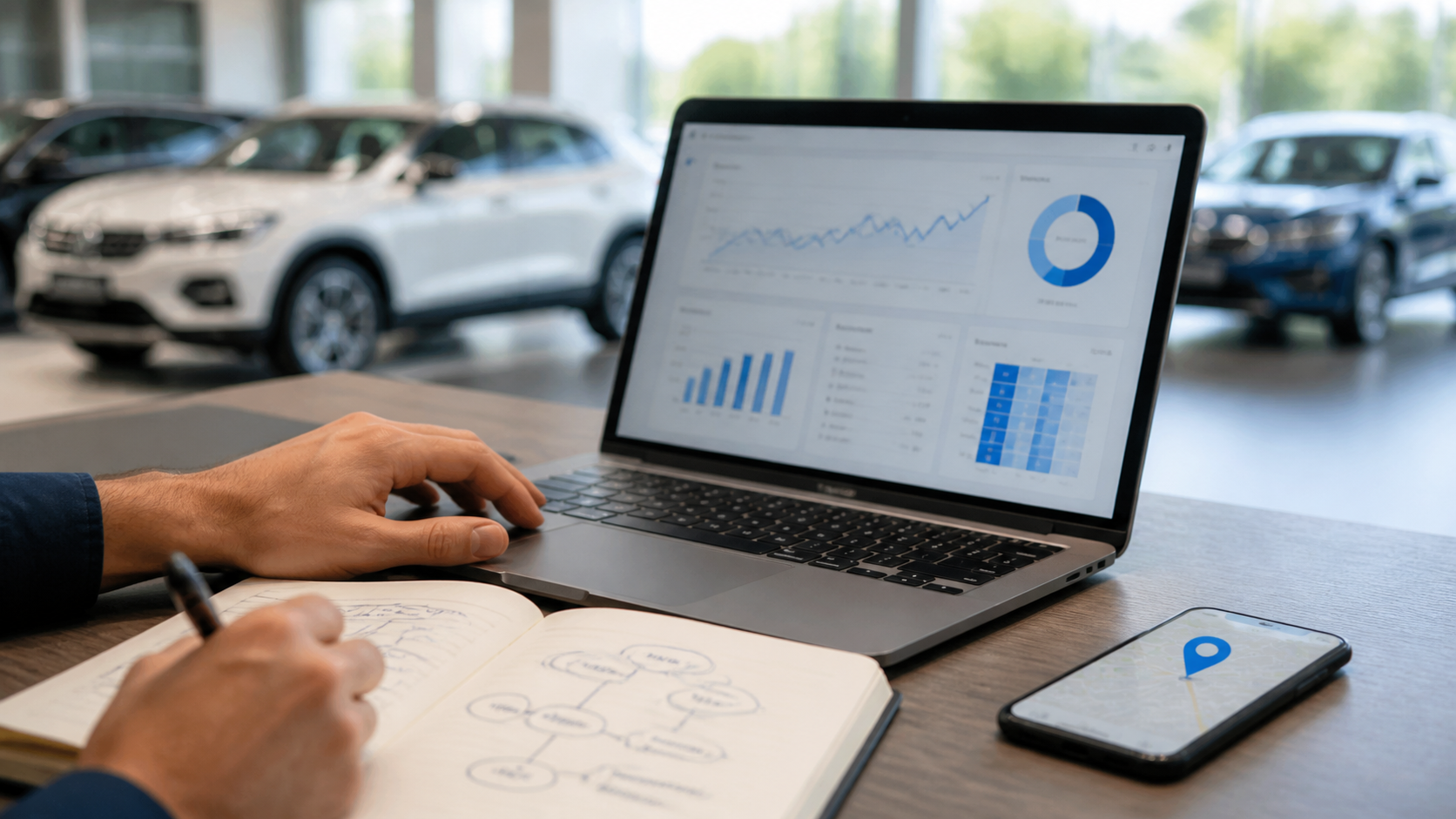 Seo analyst researching automotive search demand in a dealership