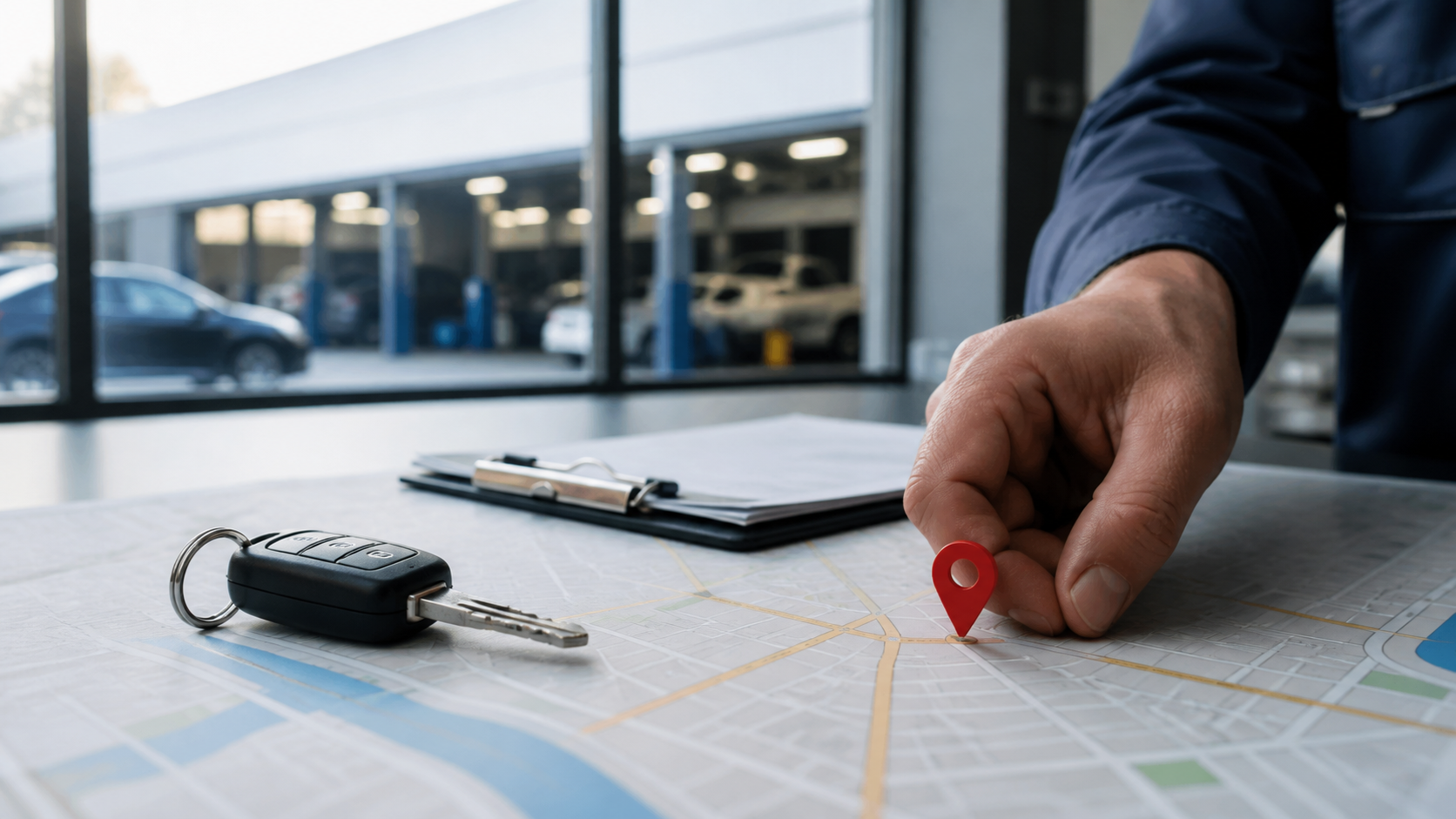 Automotive service team marking a local area on a map