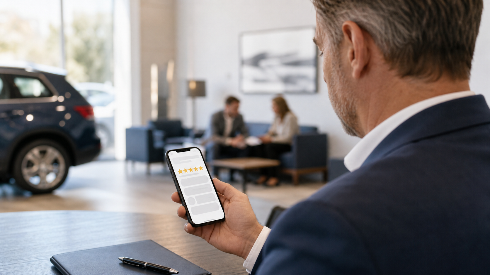 Dealership manager reviewing customer feedback analytics on a phone