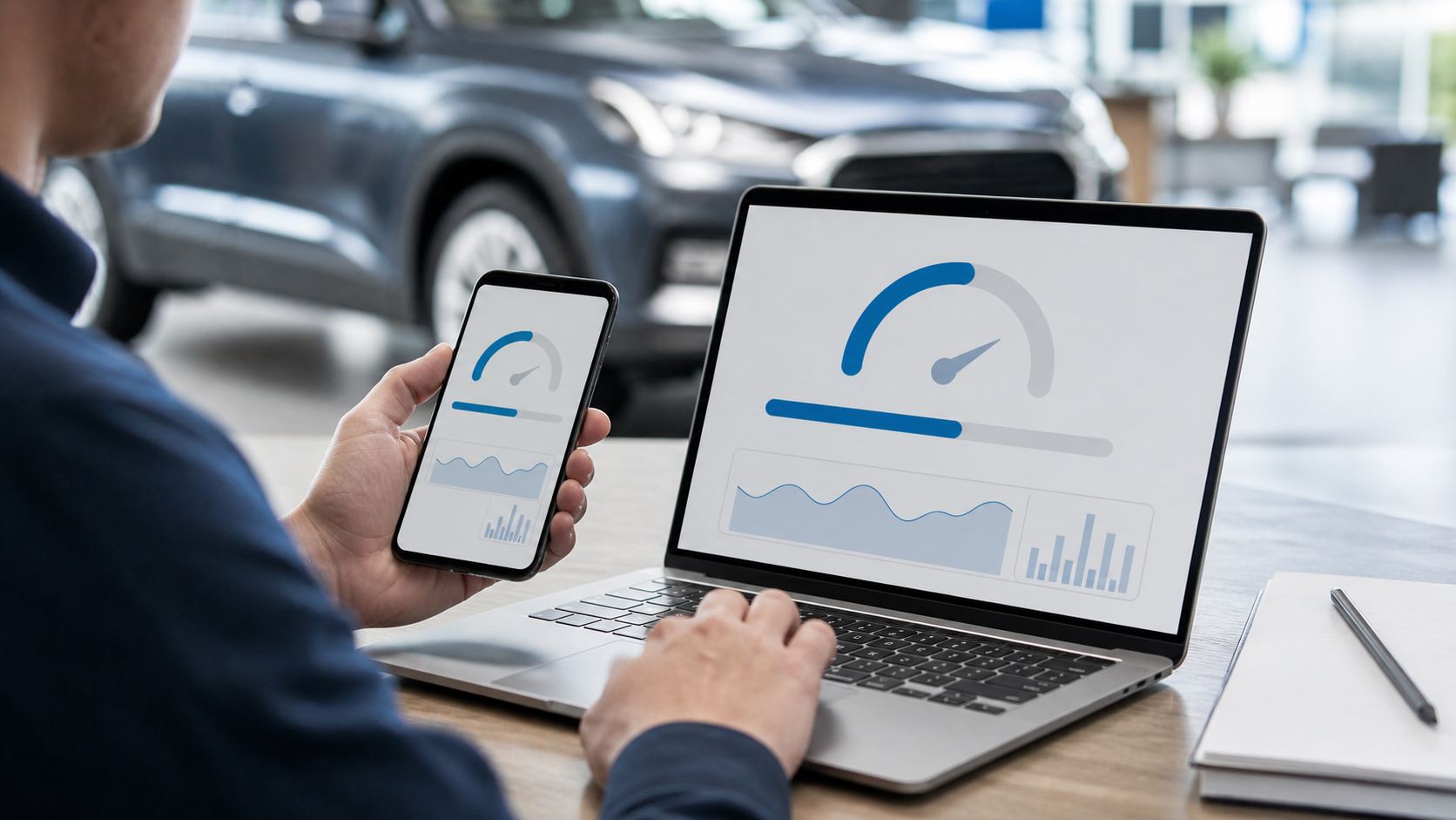 Dealership specialist comparing website speed on desktop and mobile
