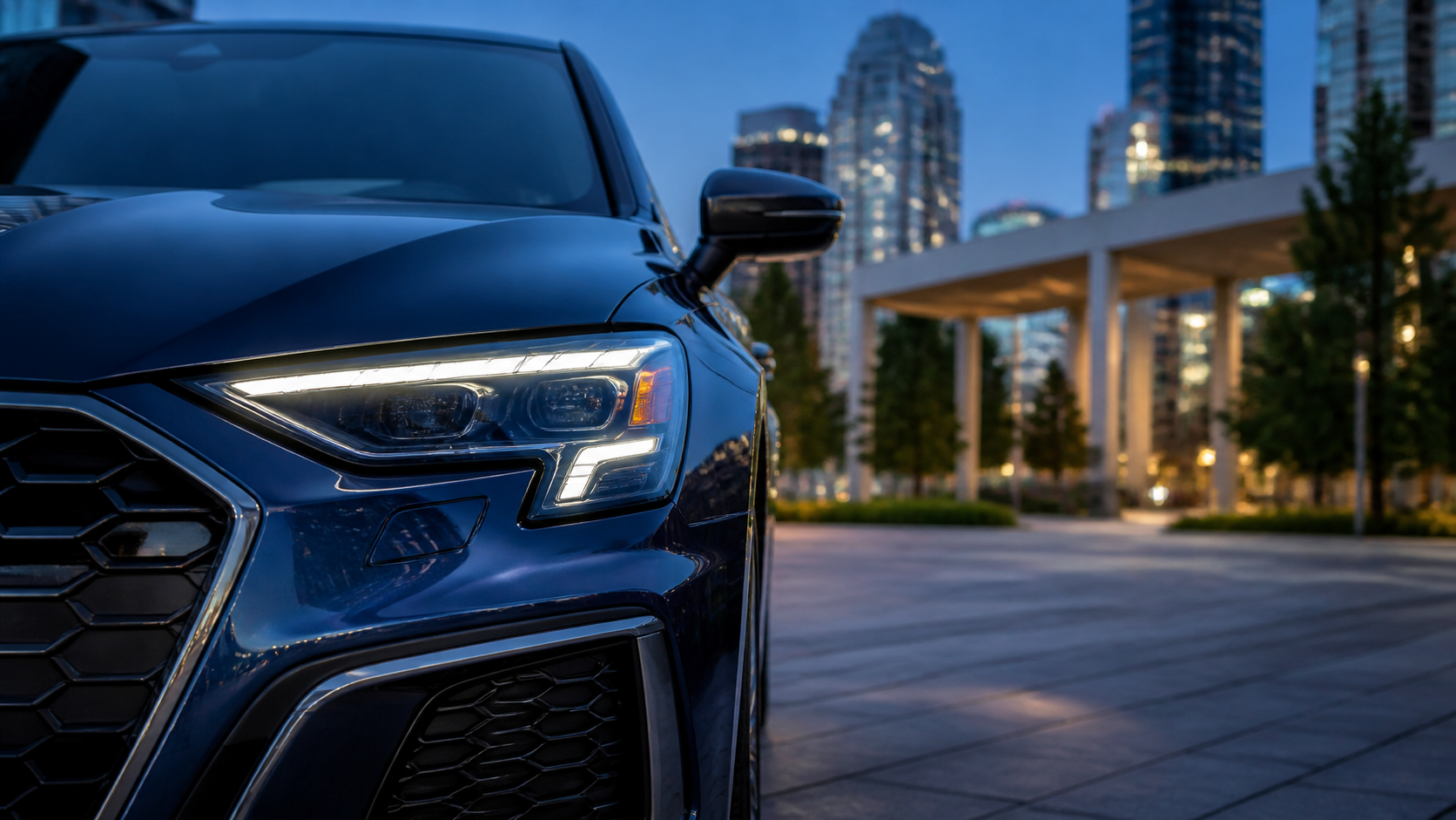 Close view of a car in surrey with a softly blurred local landmark in the background