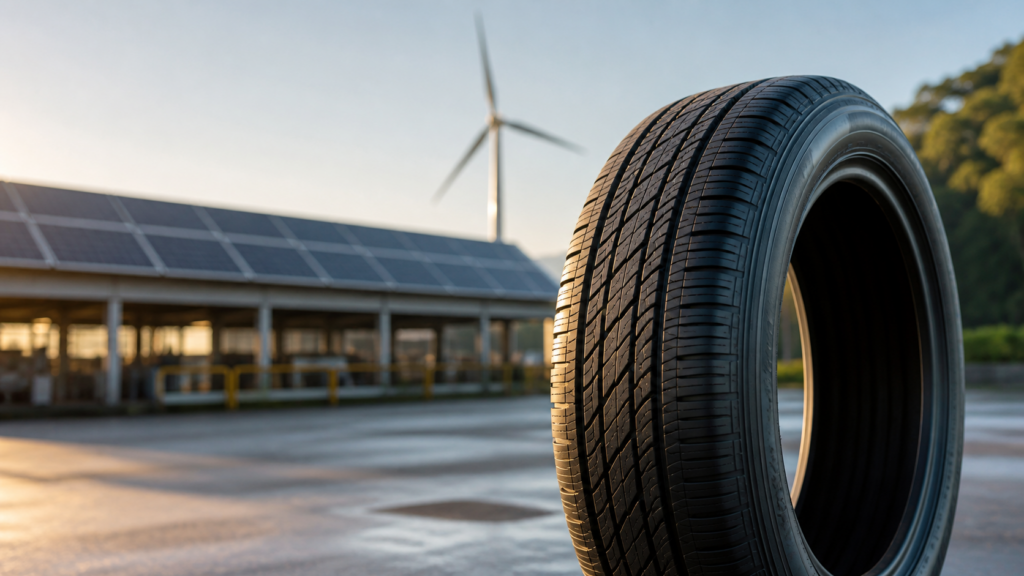 Close view of an all-season tire with solar panels and a wind turbine softly blurred in the background