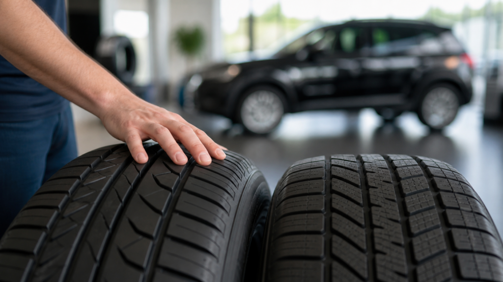 Customer compares two tire tread patterns in a bright modern showroom