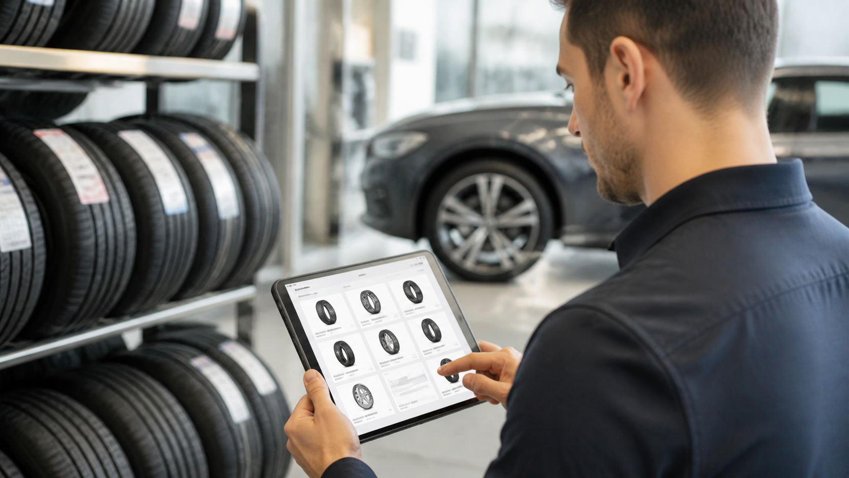 Tire dealership specialist reviewing a digital tire catalog