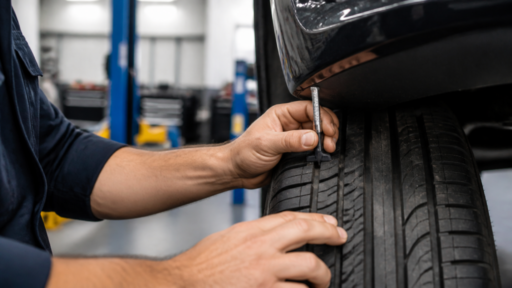 Experienced tire technician measures tread depth in a professional service bay