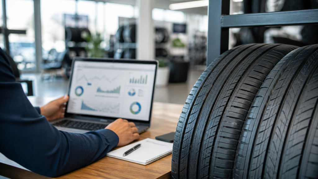 Marketing specialist reviews campaign analytics beside a sharp tire display in a modern dealership