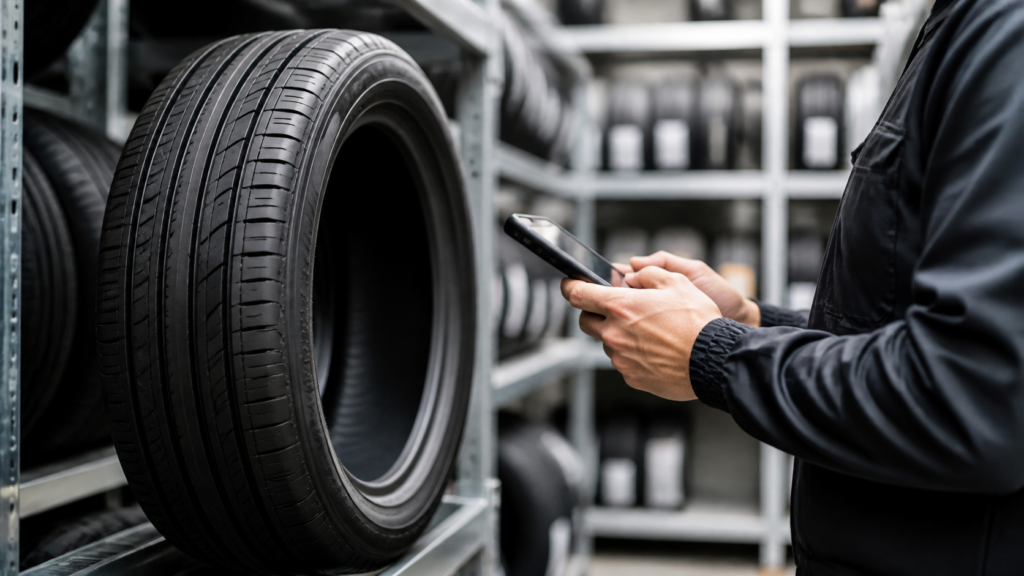 Technician checks tire product information beside an organized tire stockroom