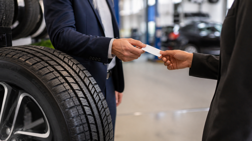 Two tire industry professionals exchange a business card beside a tire display in a modern service centre