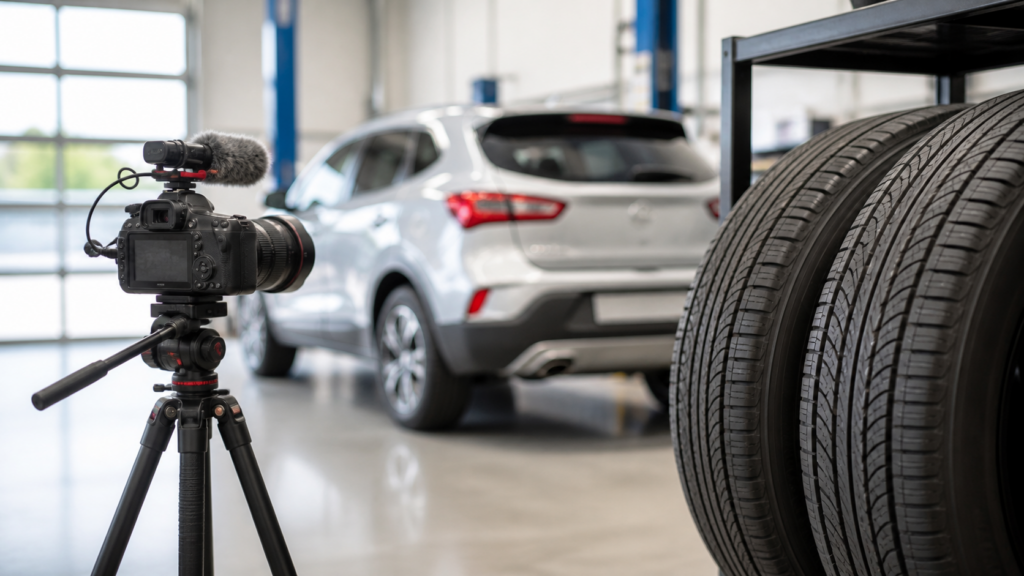 Video camera records a vehicle and tire display in a bright tire service bay
