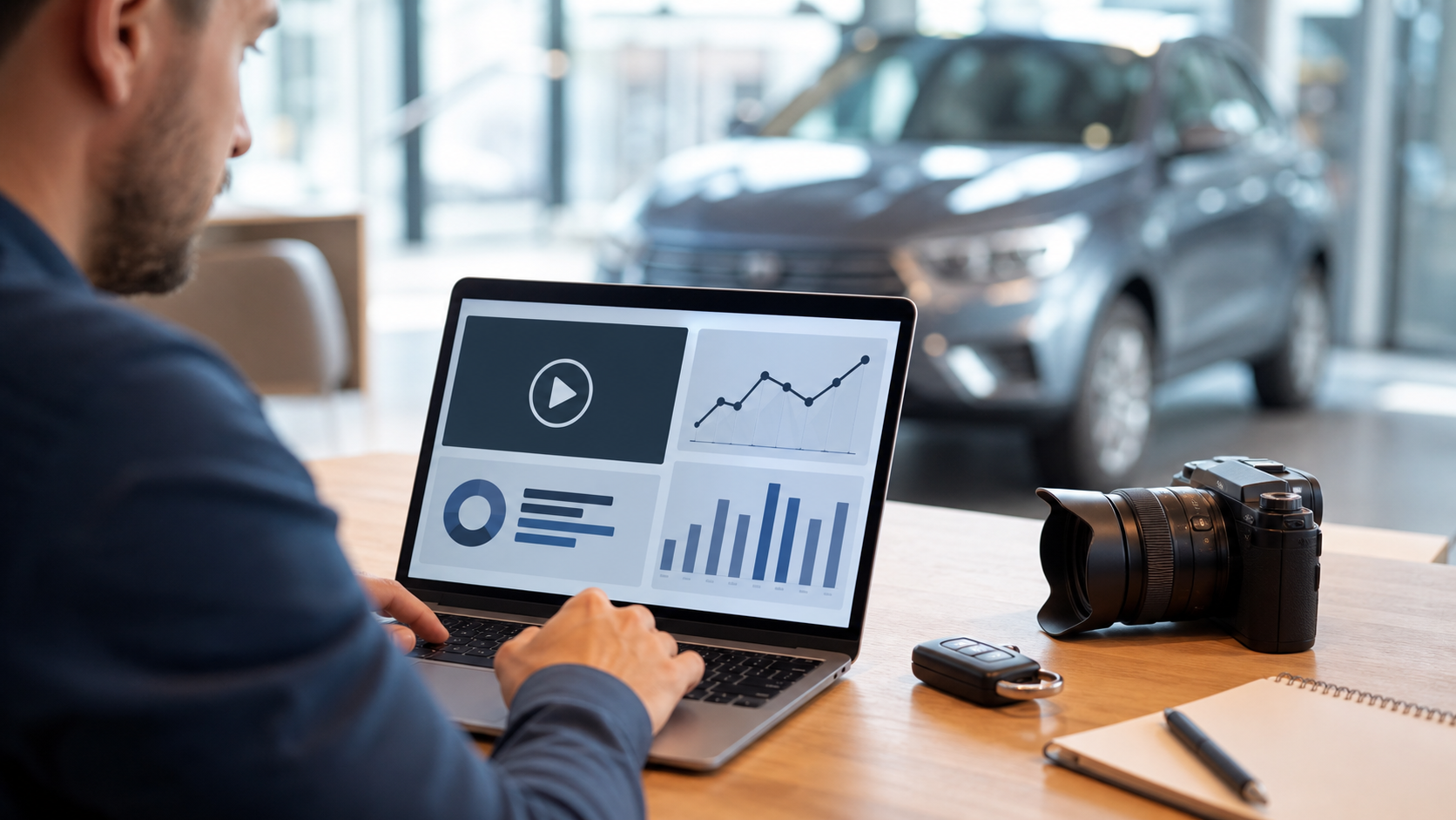 Dealership marketer reviewing video performance analytics