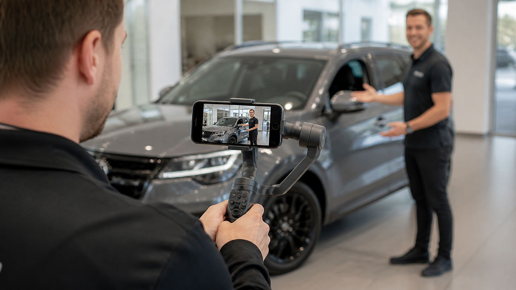 Dealership team filming a vehicle walkaround on a smartphone gimbal