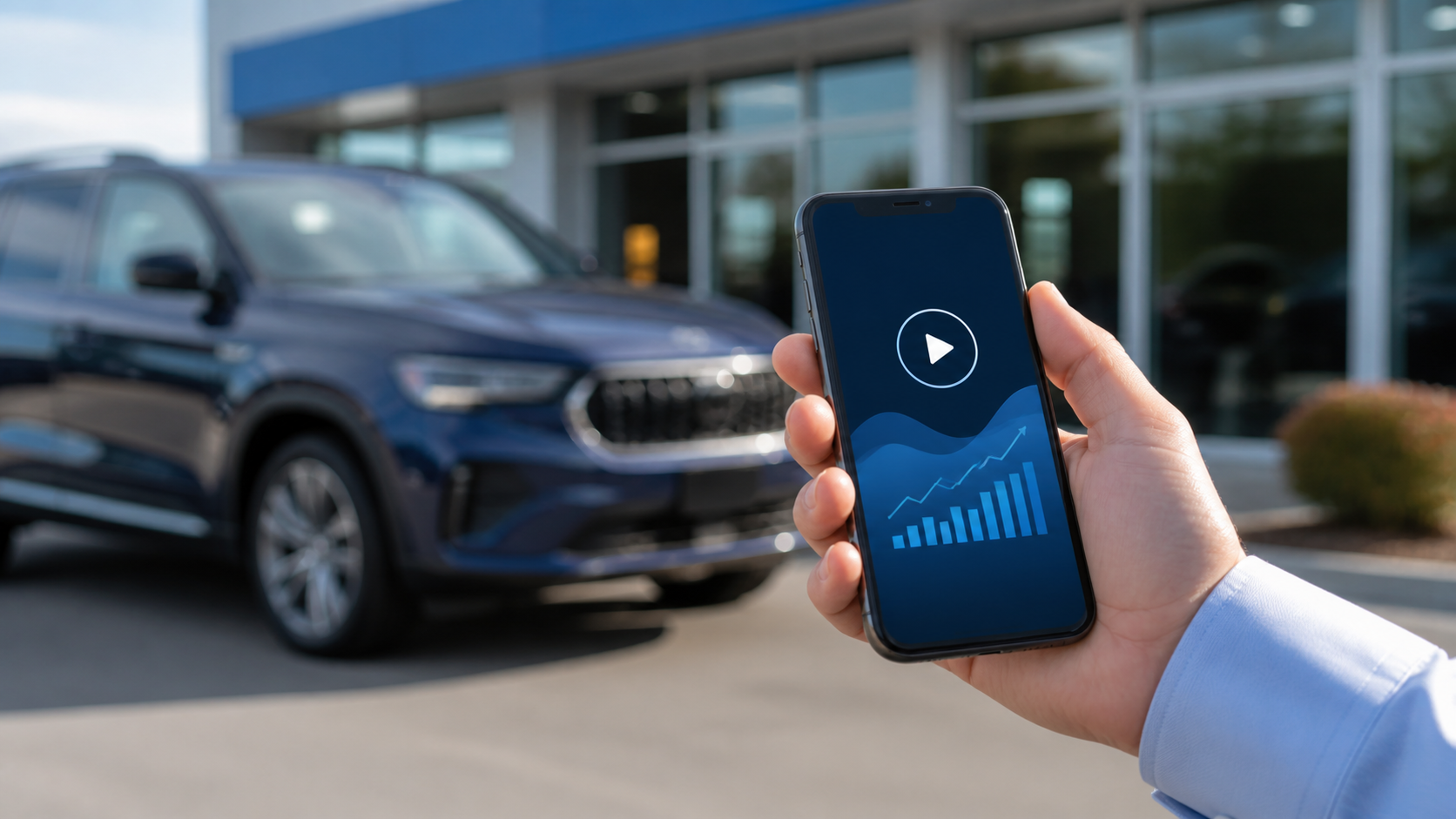 Dealership marketer reviewing video performance on a smartphone