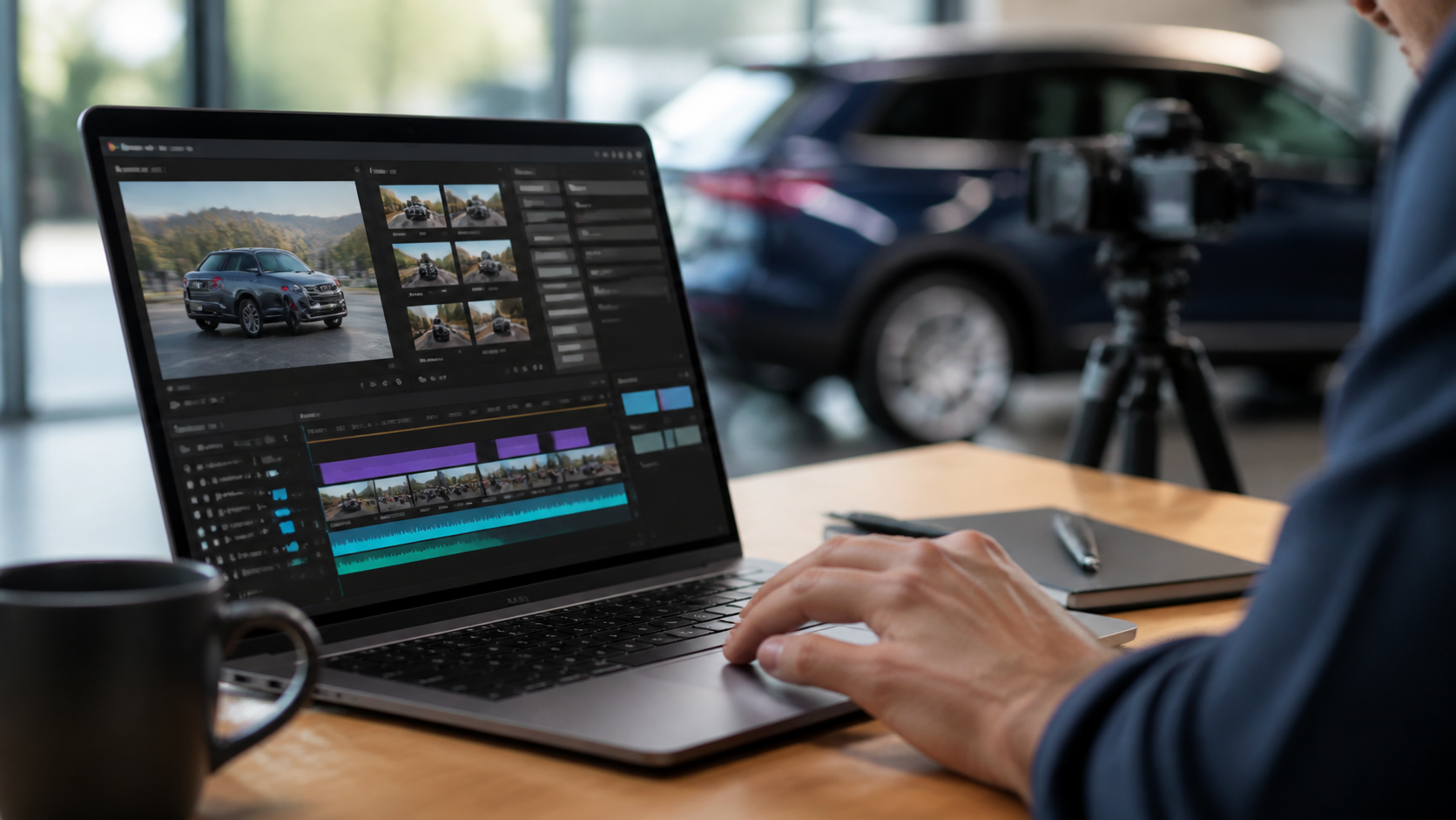 Video editor preparing a dealership vehicle video on a laptop