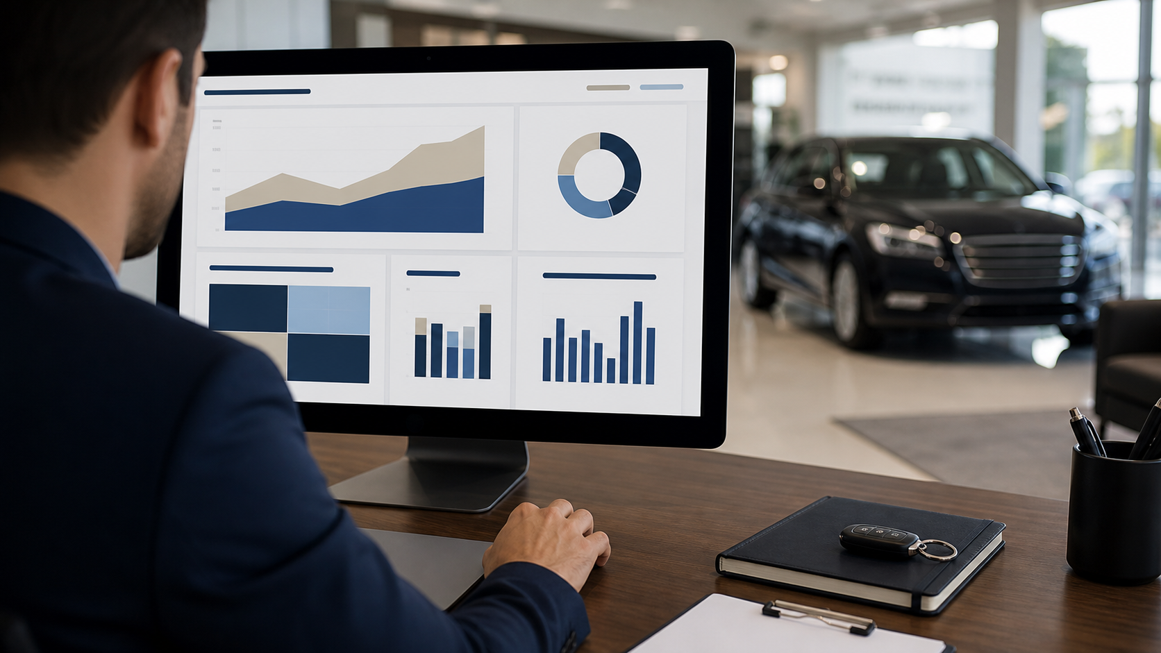 Dealer analyst reviewing website performance on a desktop monitor